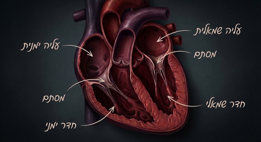 חתך רוחב של הלב — 4 חדרים ושסתומים