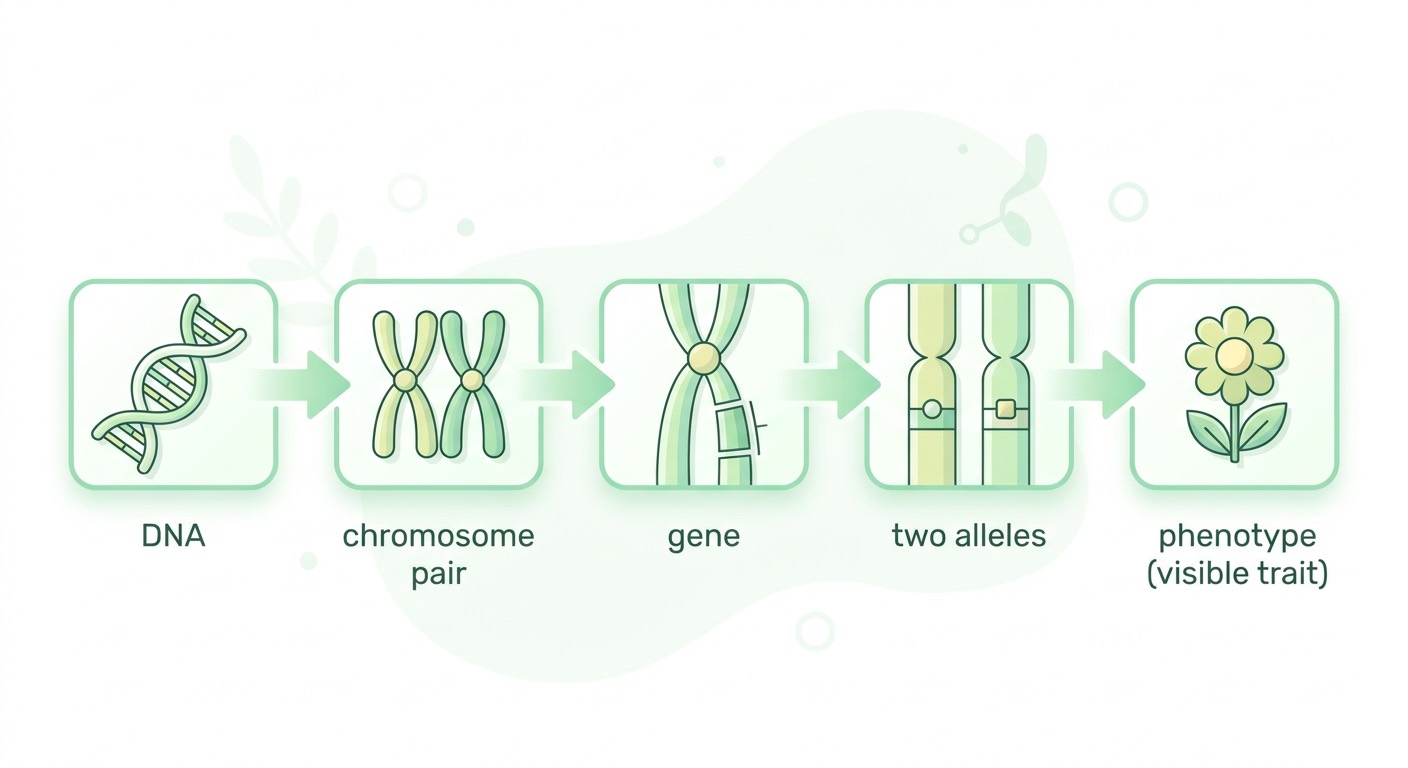 תרשים זרימה: DNA → כרומוזום → גן → אללים → פנוטיפ