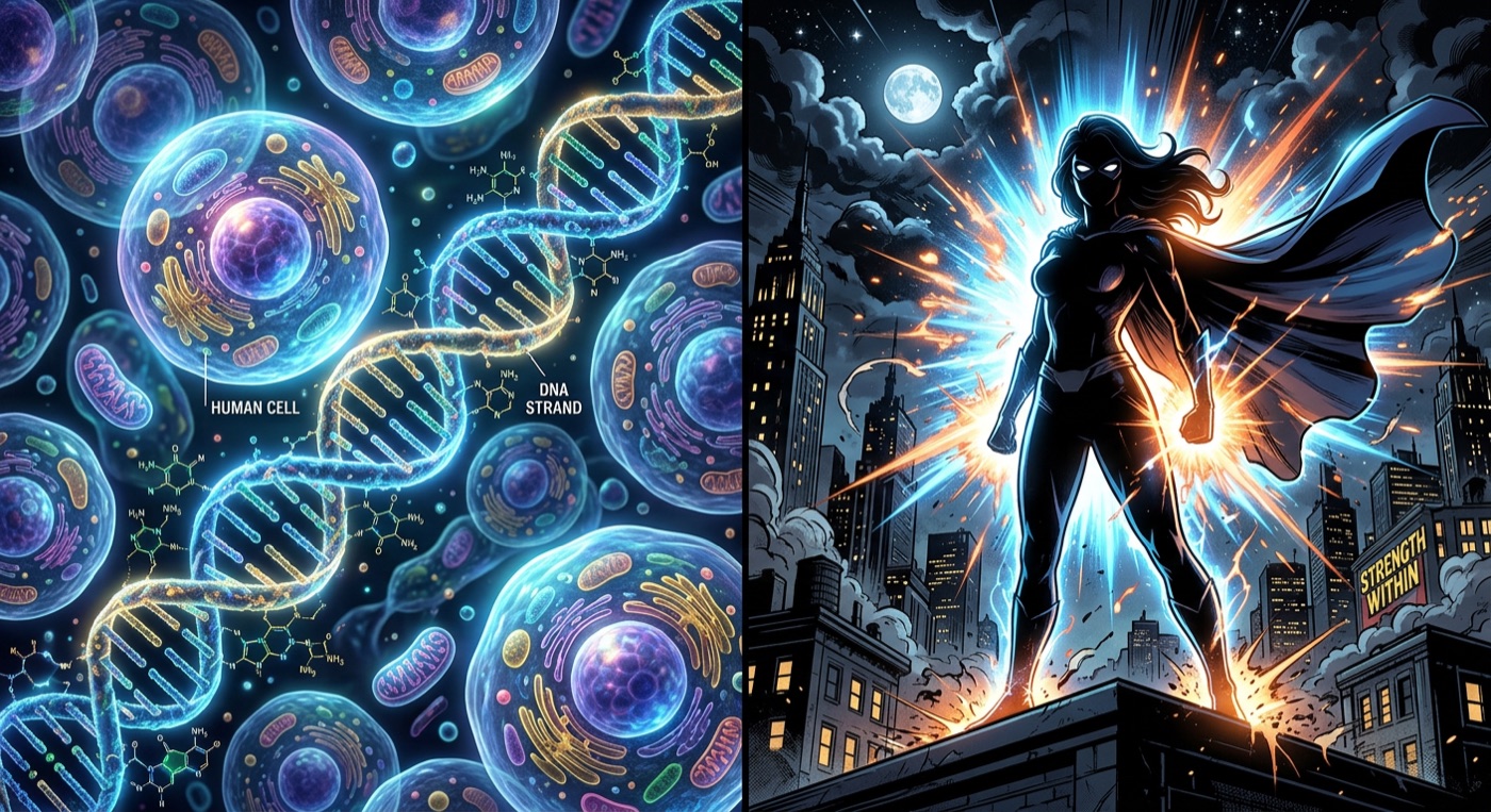 מבט מיקרוסקופי על תאים ו-DNA לצד סילואטה של גיבור-על