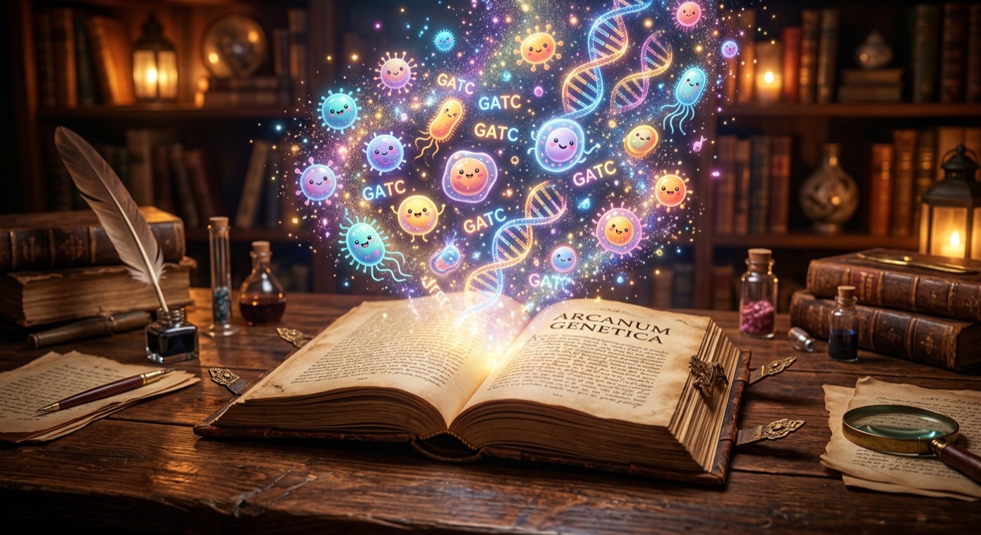 ספר פתוח עם דפים של גנטיקה זוהרת ומאגית