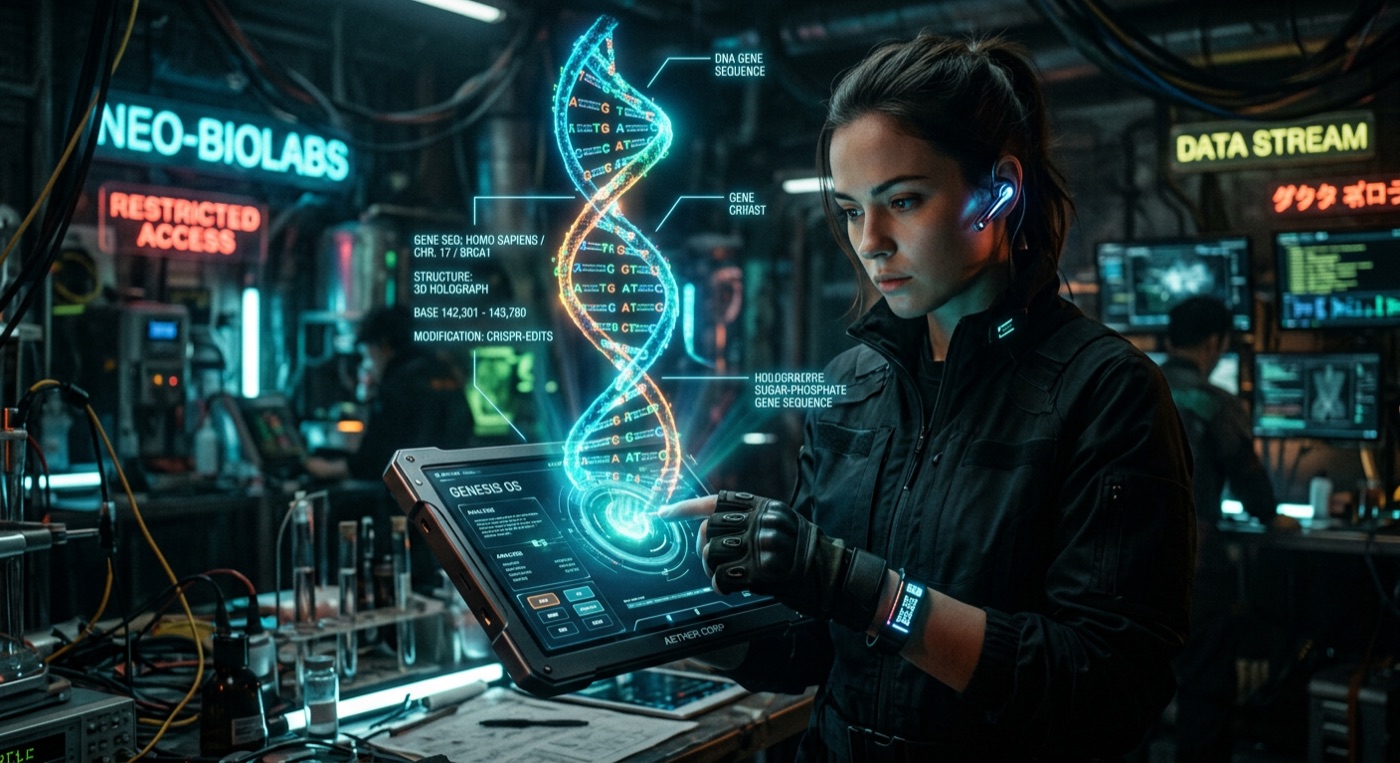 טאבלט עתידני עם הולוגרמת רצף גנטי זוהרת